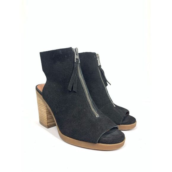 Lucky Brand Ohana Black Suede Sandal Bootie Open Heel Wood Peep Toe Women 7.5 - Picture 1 of 9
